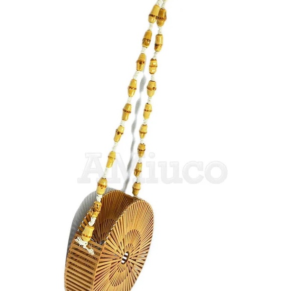 Womens Round Bamboo Bag Large Tote Lady Bag Shoulder Bag Handmade Basket Handbag - Picture 6 of 9